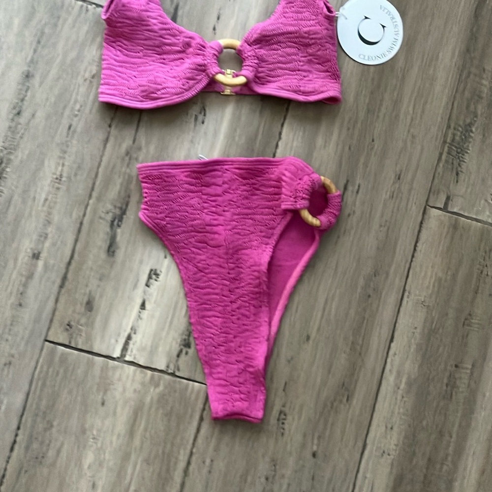 Cleonie Swim Free People Pink High Waist Wood O-Ring Crinkle Bikini Set S